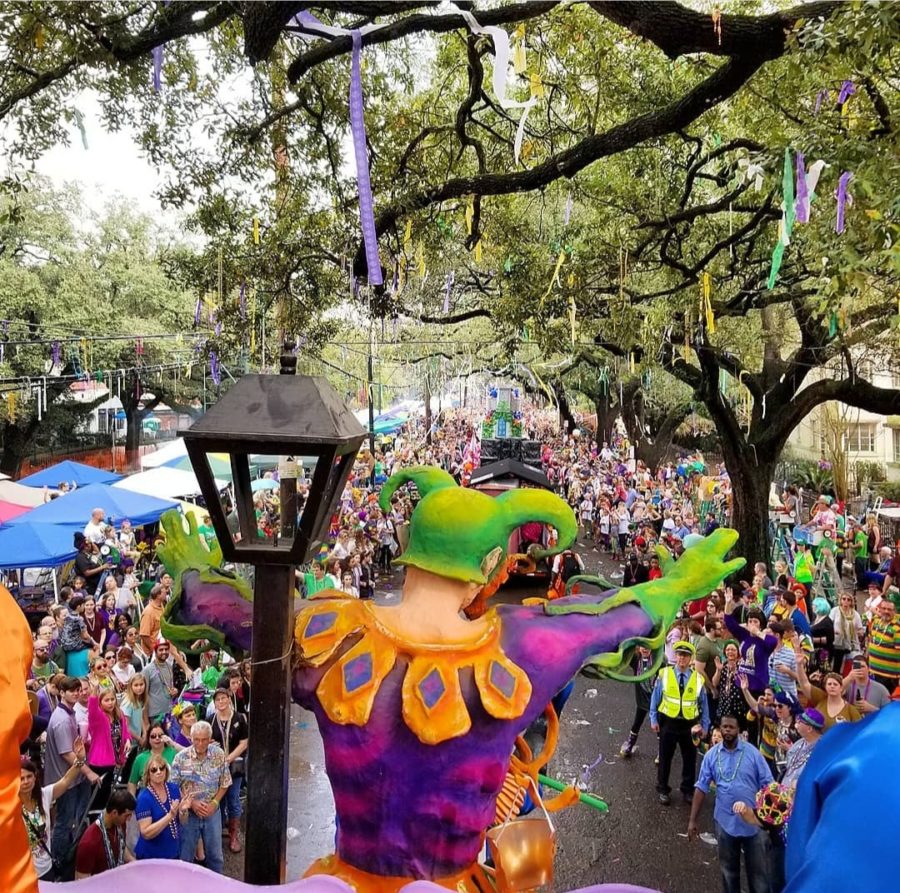 The view from atop a Mardi Gras float as it rolls down St. Charles Avenue in New Orleans.