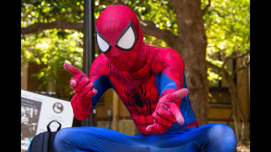 Spider-Man poses recently on the campus of the University of Texas at Arlington.