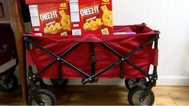 A red wagon contains food donations intended for distribution to Arlington students in need.