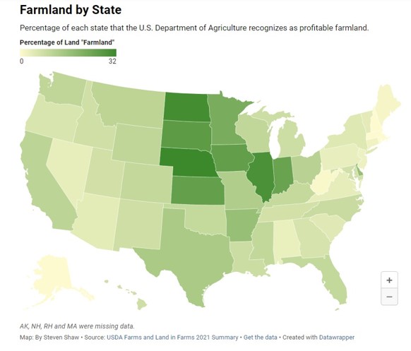 Visualization shows the percentage of each state that the U.S. Department of Agriculture recognizes as profitable farmland.