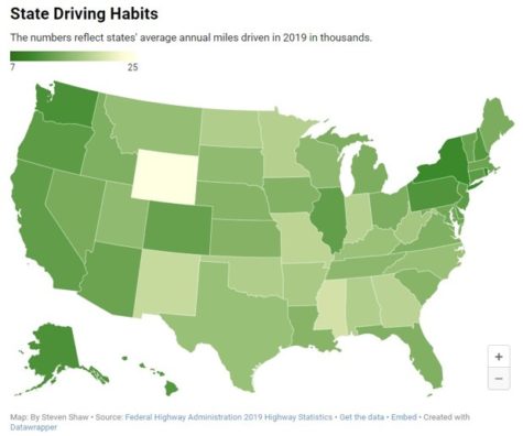 Data visualization shows the average annual miles driven in each state.