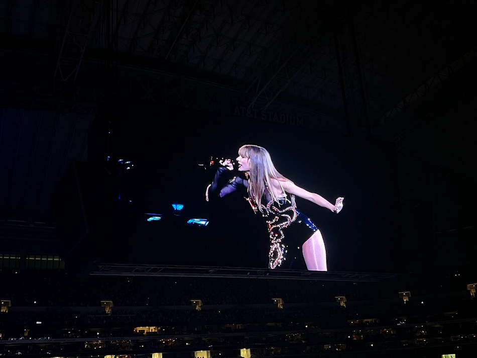 Taylor Swift as she appeared on a massive video screen during one of her Eras Tour performances at AT&T Stadium in Arlington, Texas. Swift performed March 31-April 2.