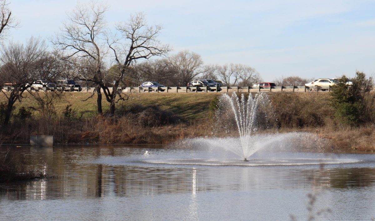 A fountain sends jets of water in the air at Randol Mill Park's pond as traffic on I-30 streams by in the background.