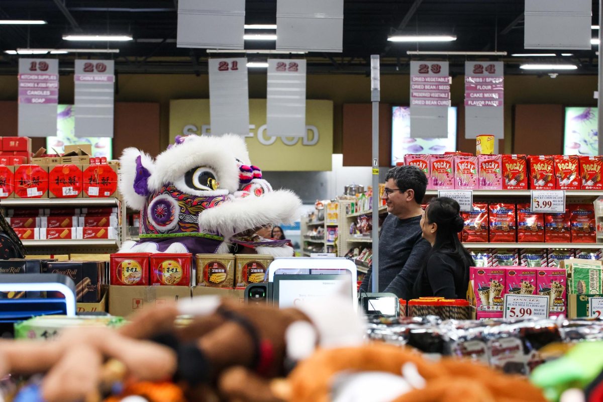 A lion dancer interacts with Lunar New Year attendees at Asia Times Square. Various lion dance groups performed throughout the celebration.