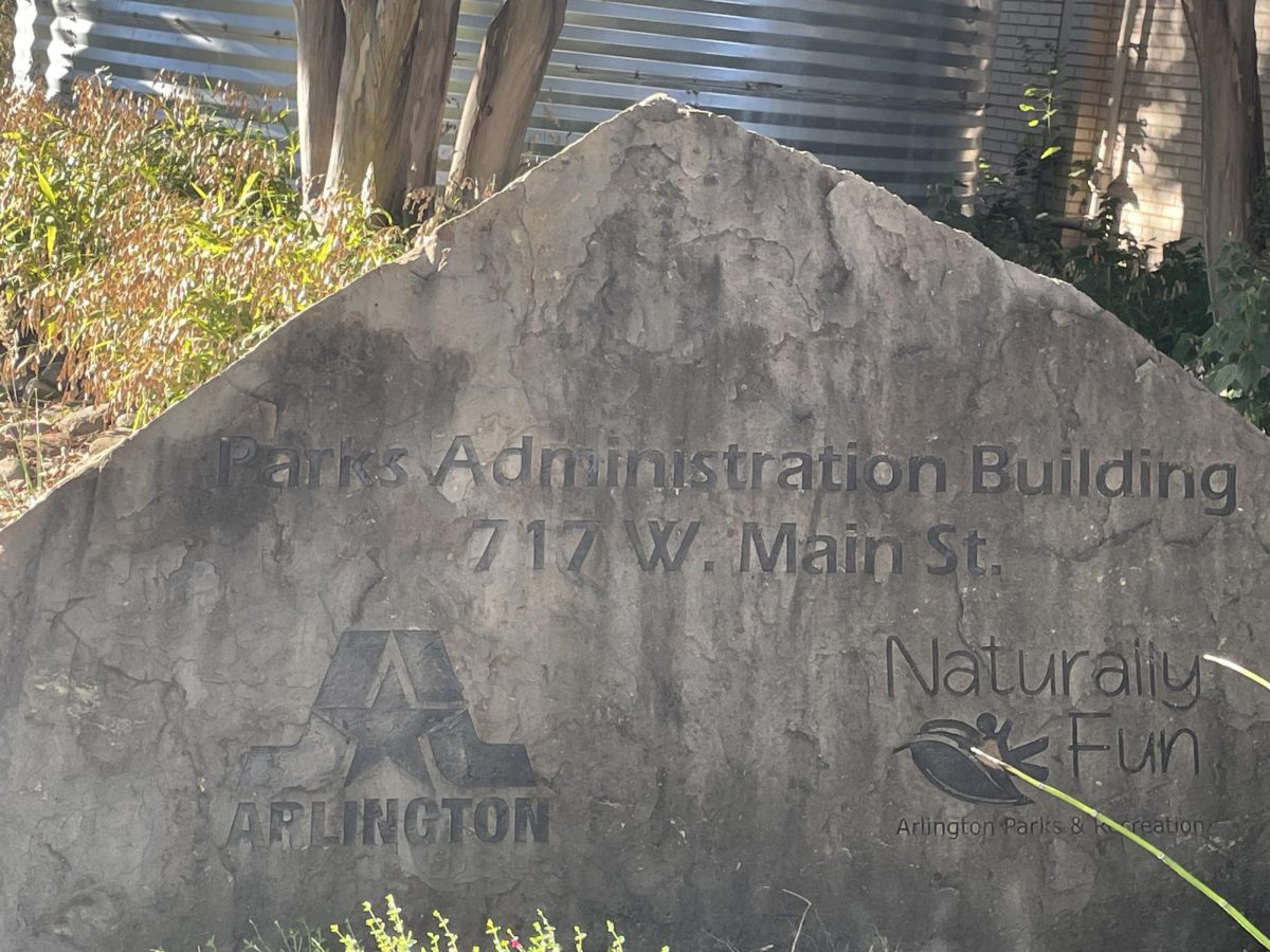 Stone marker outside Arlington Parks & Recreation offices in Arlington, Texas.