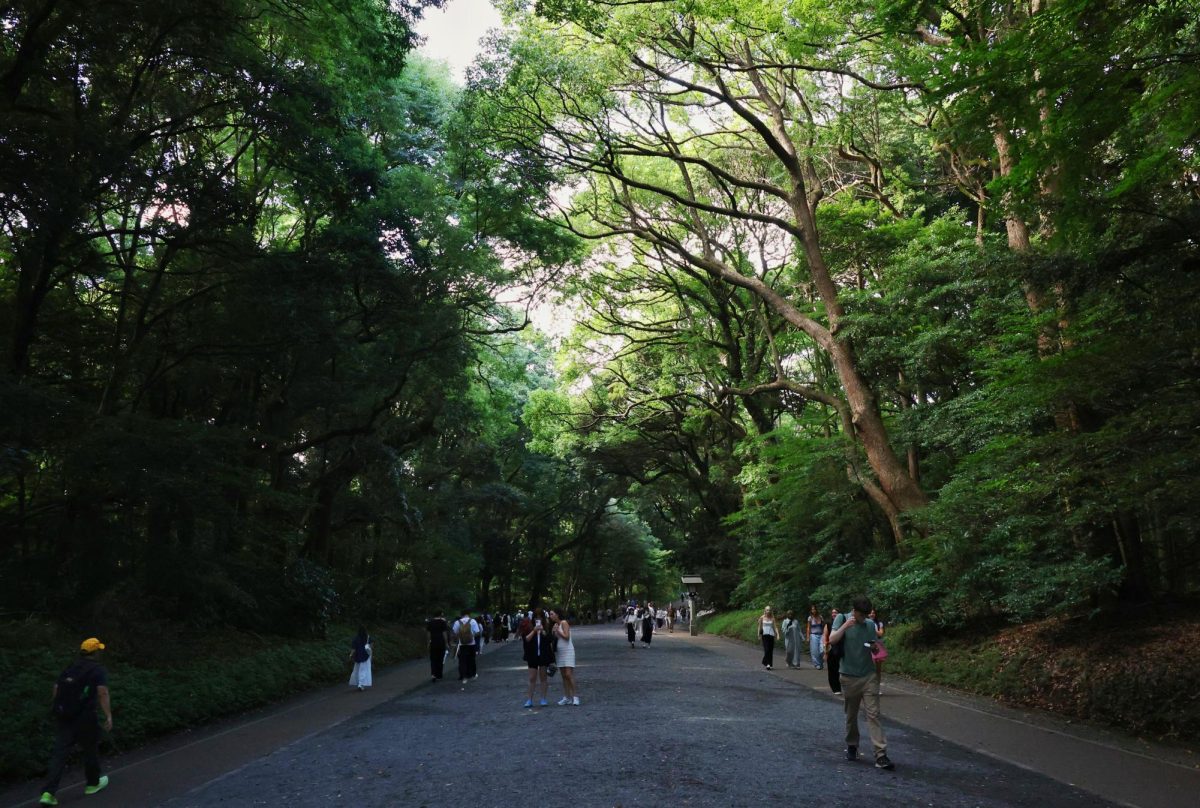 Locals and tourists walk through Meiji Jingu on July 14, 2025. The main shrine is found at the end of the path. 
