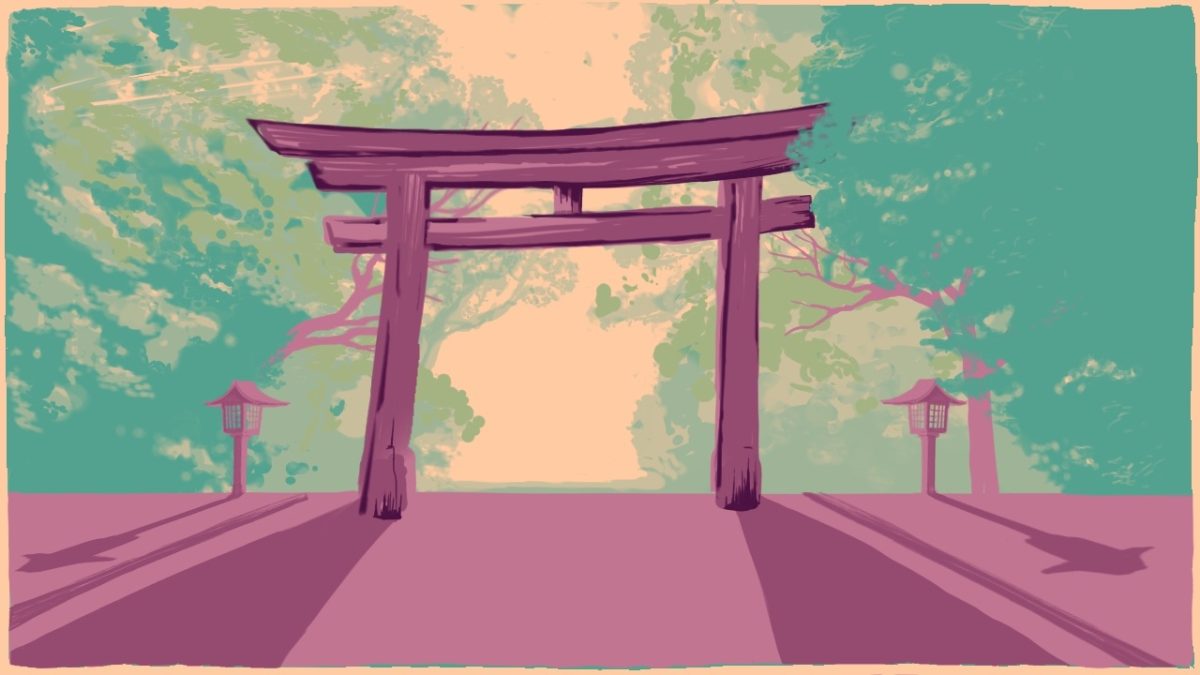 An artist's rendering of the large torii gate that marks the entrance to Meiji Shrine in Tokyo.