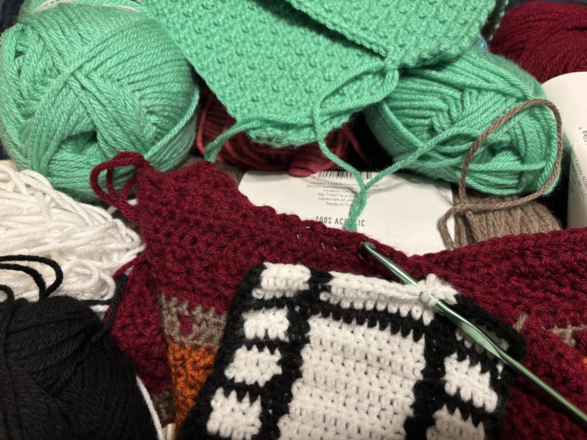 Far from a hodgepodge of yarn, this photo shows three of the author's works in progress.
