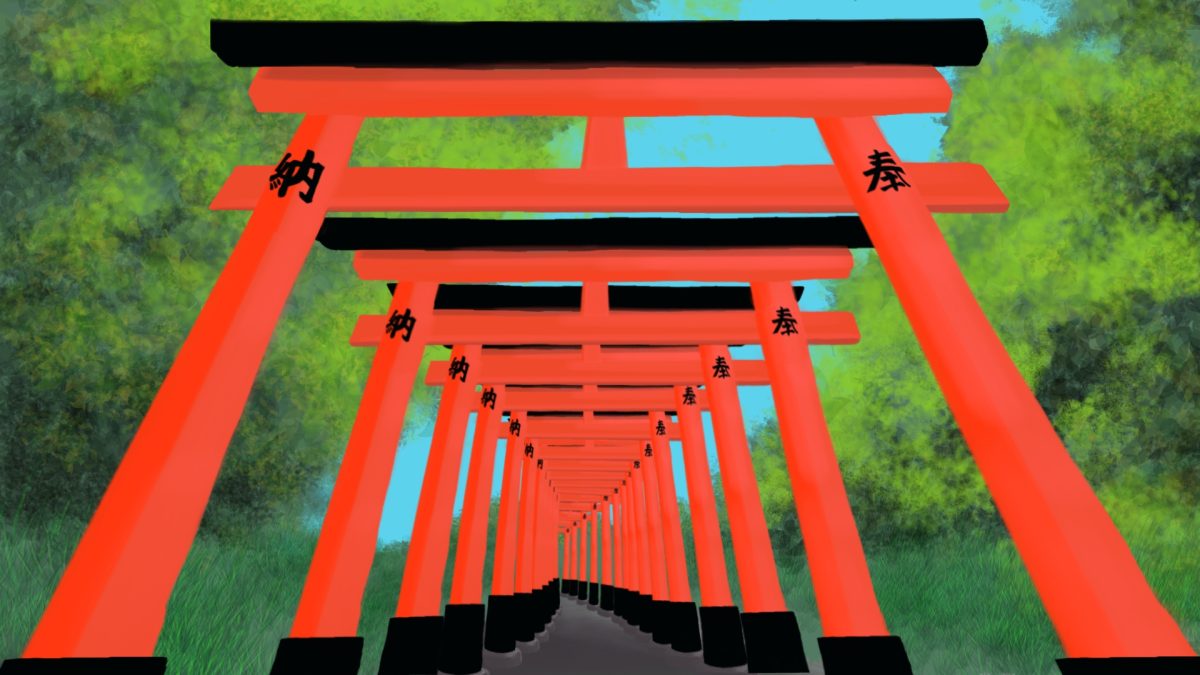 Thousands of vermilion torii gates lead worshippers and visitors up Inariyama in Kyoto, Japan. Original art by Alyssa Morales.
