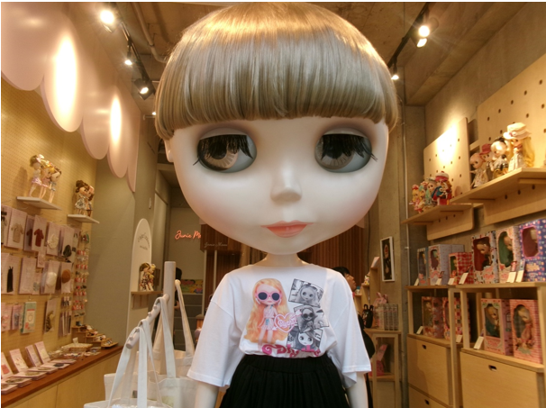 Blythe dolls, a popular collectible, are distinguished by their oversized eyes. This doll was on display at Junie Moon, a boutique in the Harajuku area of Shibuya in Tokyo.